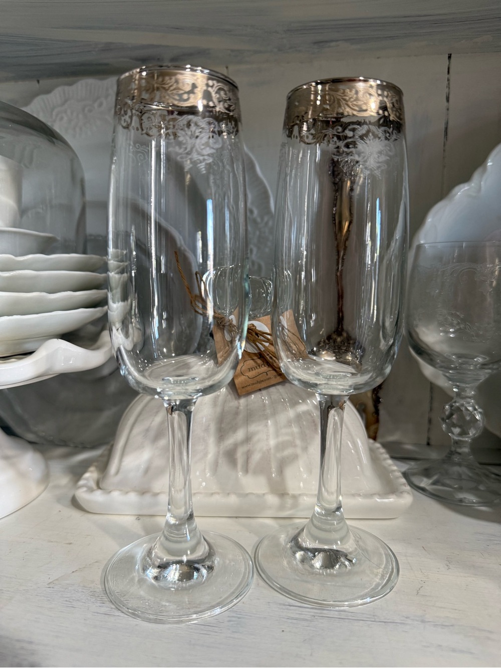 Cellini silver trimmer etched wine glasses Italy